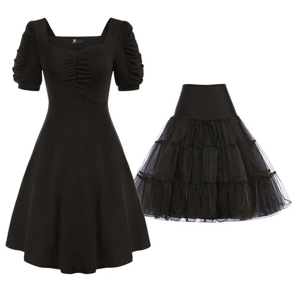🖤 2PCS Black Bundle Retro 1950s Puff Sleeve Dress & Petticoat SIZE XXL NWT - Picture 1 of 16